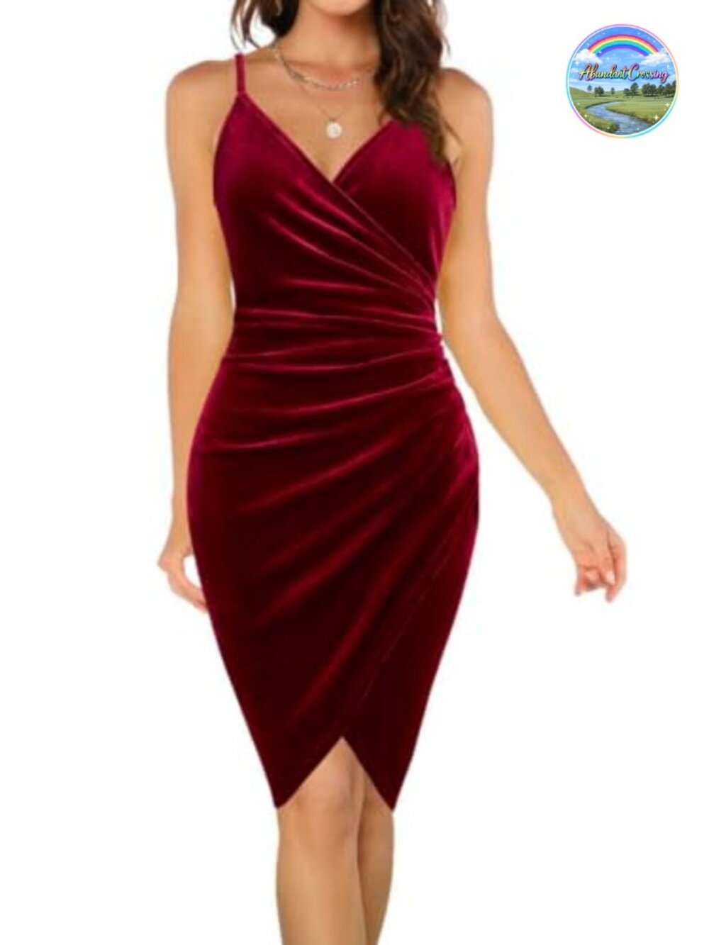 Velvet Wrap Ruched Bodycon V-Neck Spaghetti Strap Cocktail Party Dress